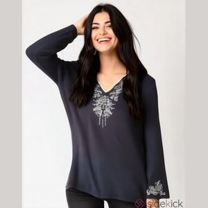Addition Elle Smocked Bohemian Embroidered Knit Long Sleeved Top in Black 1X